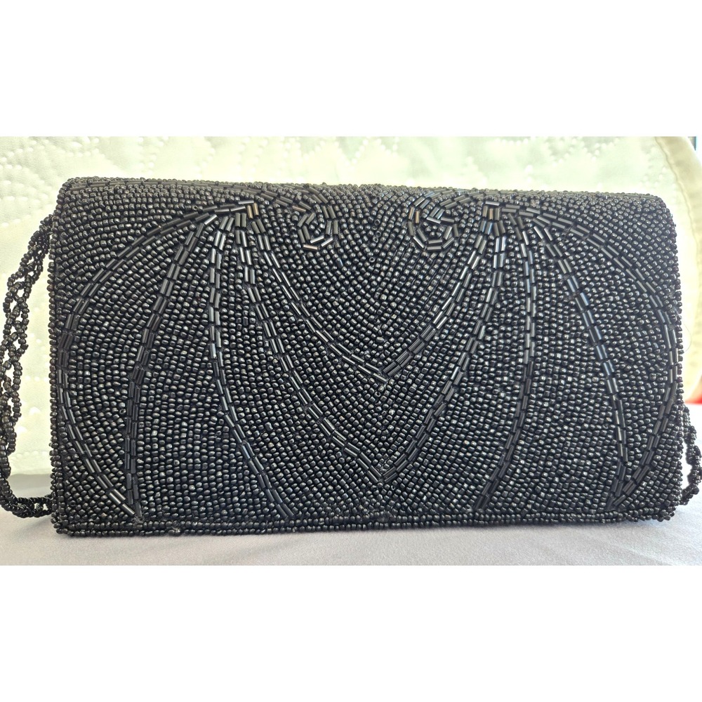 Vintage Beaded Purse Crossbody Handheld Clutch Black 70s Glam Whimsygoth Retro
